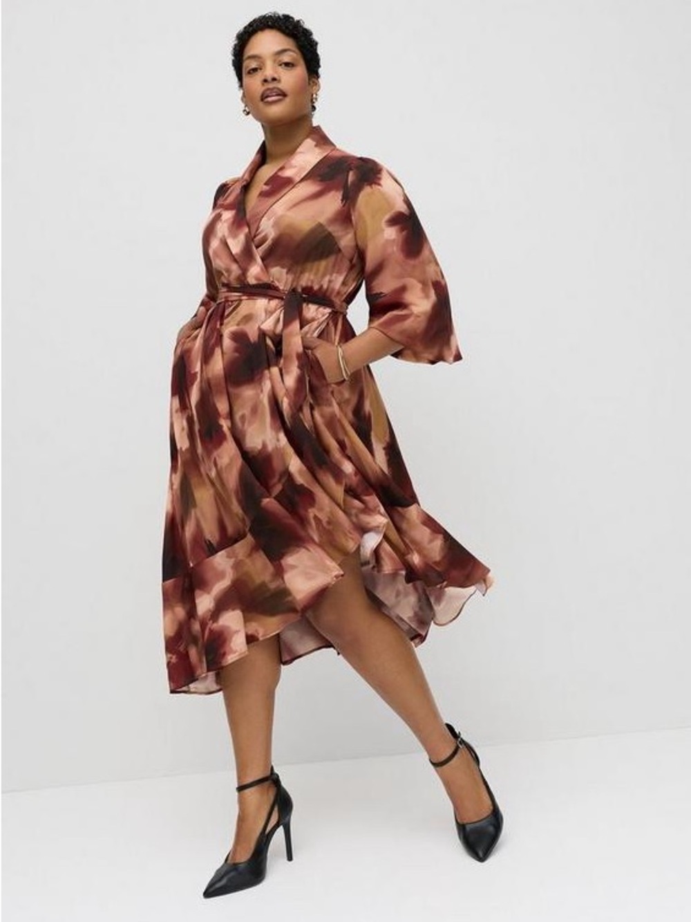 torrid Long Sleeve Wrap Dress in Brown and Black Watercolor Print